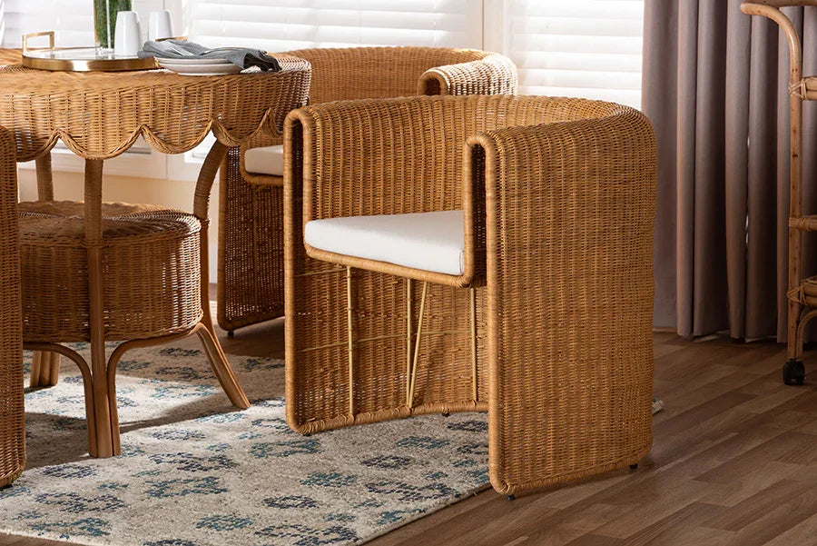 bali & pari Carina Natural Rattan Barrel Dining Chair - Handwoven Wicker Accent Chair with Curved Backrest and Removable Cushion, Coastal Boho Kitchen or Dining Room Seating FredCo