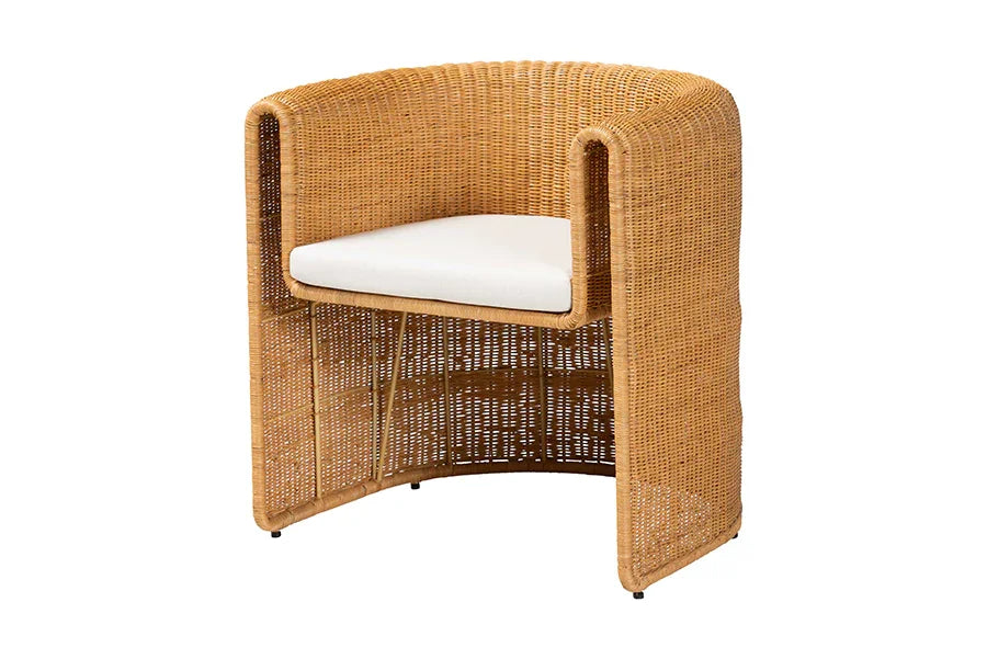 bali & pari Carina Natural Rattan Barrel Dining Chair - Handwoven Wicker Accent Chair with Curved Backrest and Removable Cushion, Coastal Boho Kitchen or Dining Room Seating FredCo