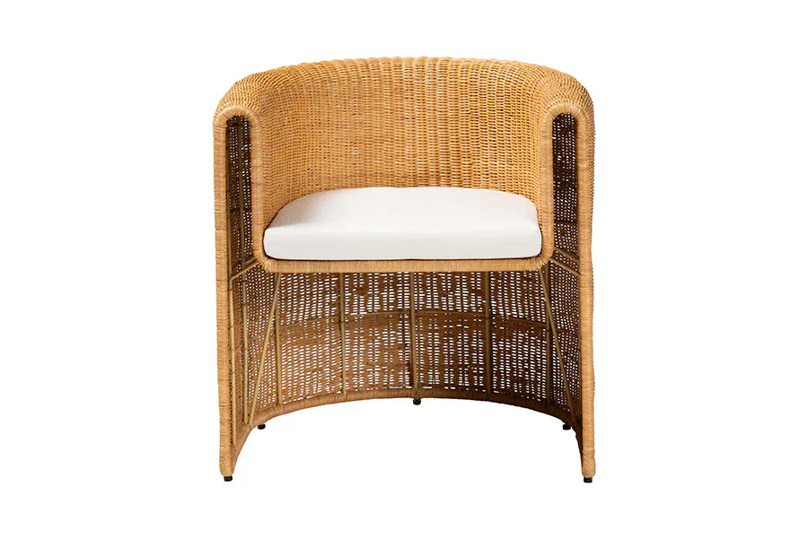 bali & pari Carina Natural Rattan Barrel Dining Chair - Handwoven Wicker Accent Chair with Curved Backrest and Removable Cushion, Coastal Boho Kitchen or Dining Room Seating FredCo