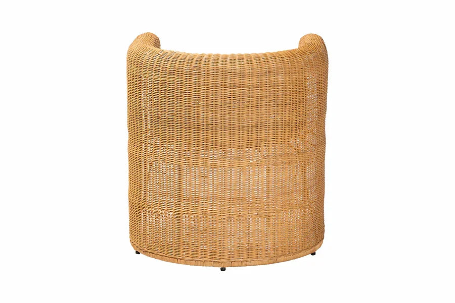 bali & pari Carina Natural Rattan Barrel Dining Chair - Handwoven Wicker Accent Chair with Curved Backrest and Removable Cushion, Coastal Boho Kitchen or Dining Room Seating FredCo