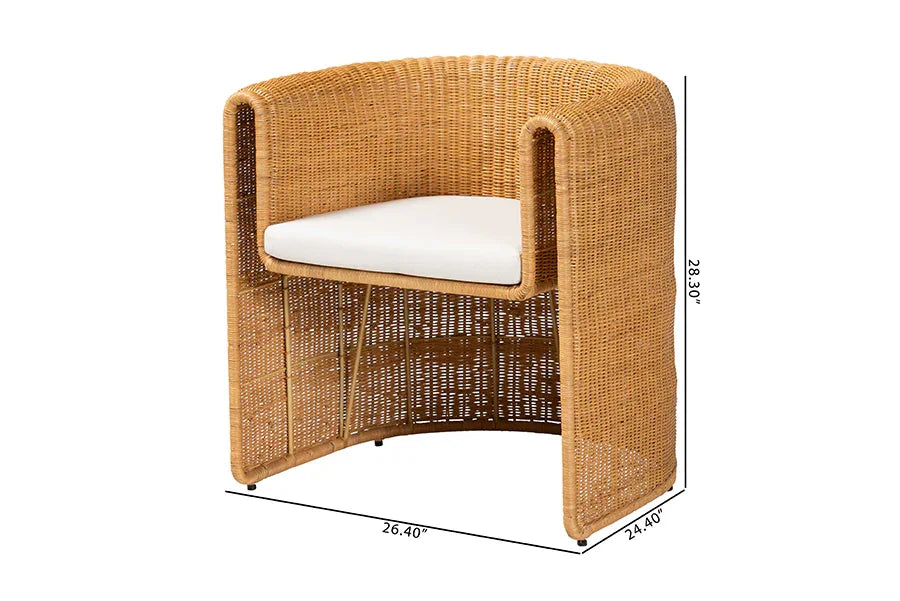bali & pari Carina Natural Rattan Barrel Dining Chair - Handwoven Wicker Accent Chair with Curved Backrest and Removable Cushion, Coastal Boho Kitchen or Dining Room Seating FredCo