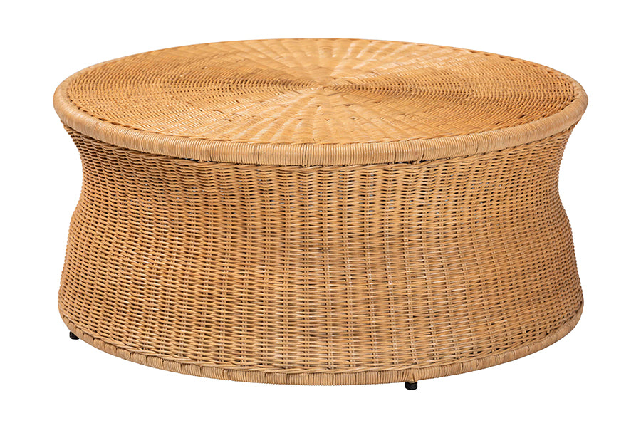 bali & pari Caroline Round Natural Rattan Coffee Table - Handwoven Wicker Drum Shape Accent Table for Living Room or Sunroom, Light Honey FredCo