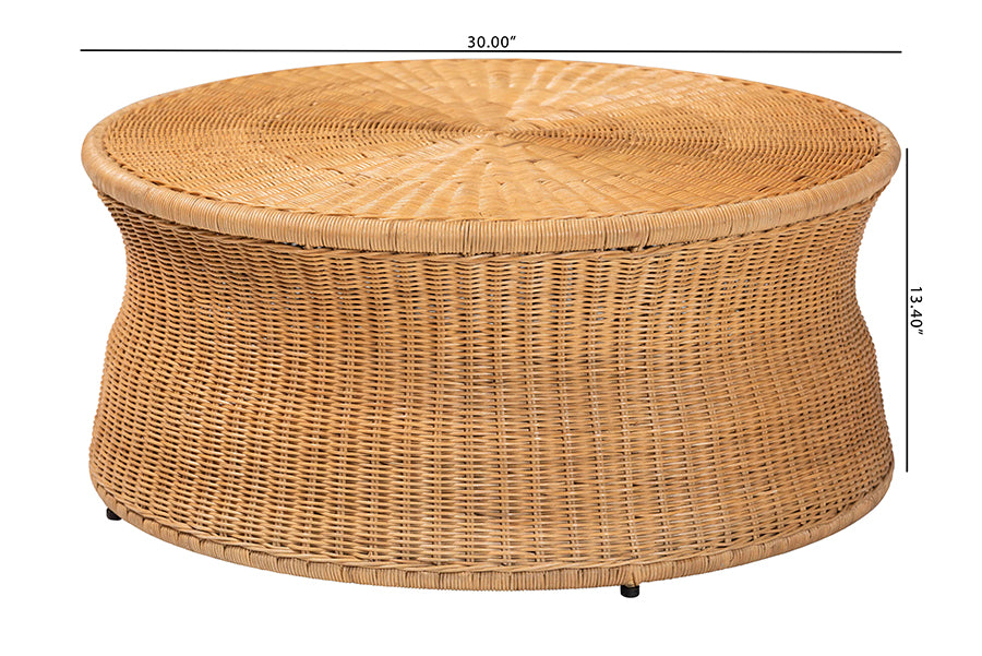 bali & pari Caroline Round Natural Rattan Coffee Table - Handwoven Wicker Drum Shape Accent Table for Living Room or Sunroom, Light Honey FredCo