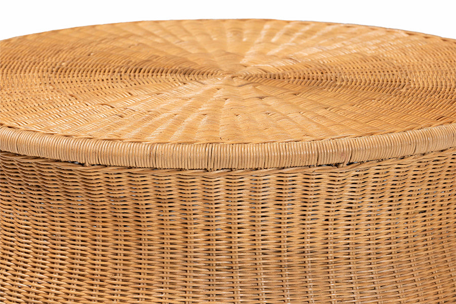 bali & pari Caroline Round Natural Rattan Coffee Table - Handwoven Wicker Drum Shape Accent Table for Living Room or Sunroom, Light Honey FredCo