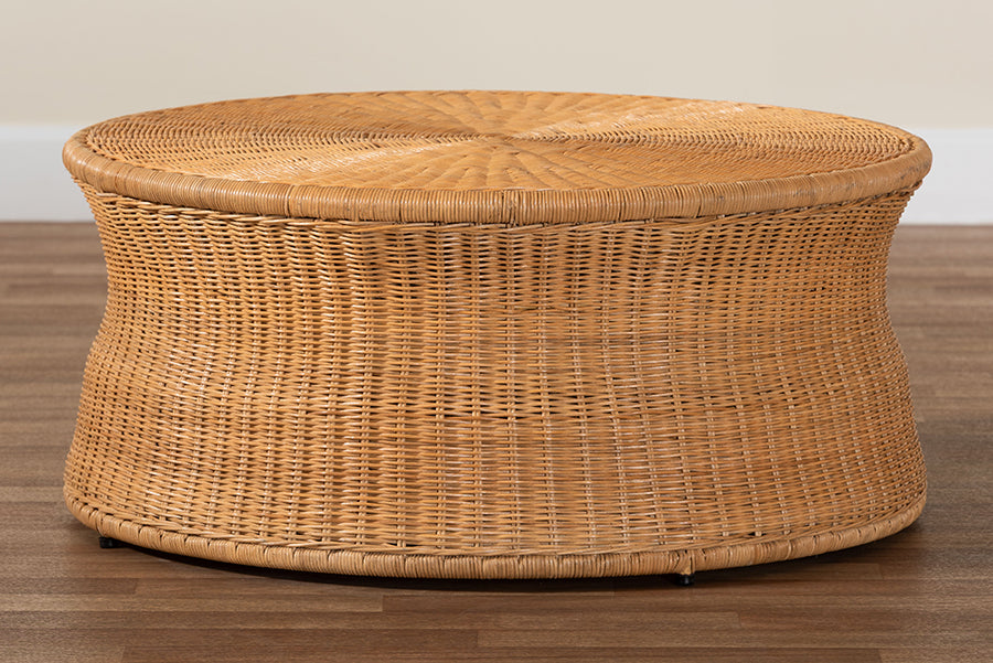 bali & pari Caroline Round Natural Rattan Coffee Table - Handwoven Wicker Drum Shape Accent Table for Living Room or Sunroom, Light Honey FredCo