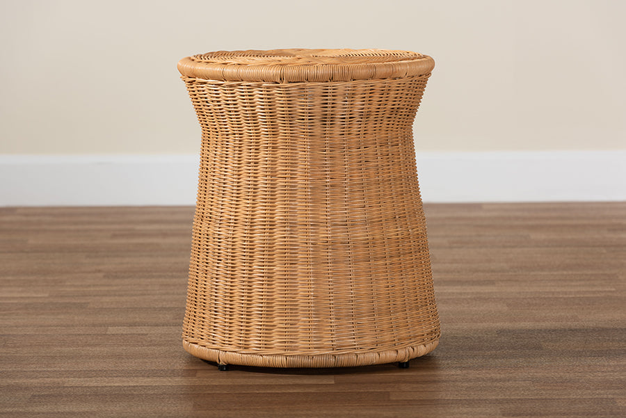 bali & pari Caroline Round Natural Rattan End Table - Handwoven Wicker Drum Shape Accent Table for Living Room or Sunroom, Light Honey FredCo