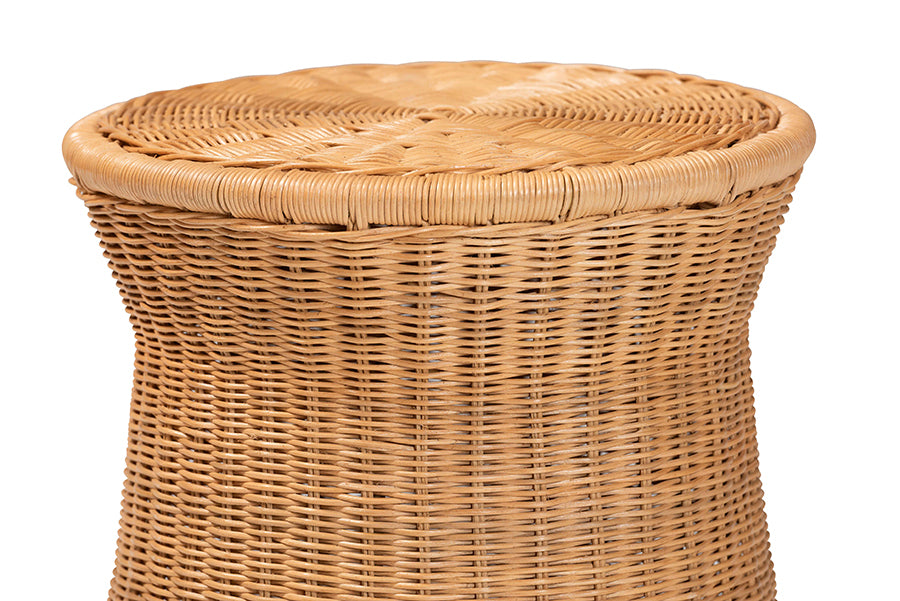 bali & pari Caroline Round Natural Rattan End Table - Handwoven Wicker Drum Shape Accent Table for Living Room or Sunroom, Light Honey FredCo