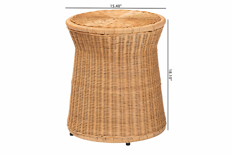bali & pari Caroline Round Natural Rattan End Table - Handwoven Wicker Drum Shape Accent Table for Living Room or Sunroom, Light Honey FredCo