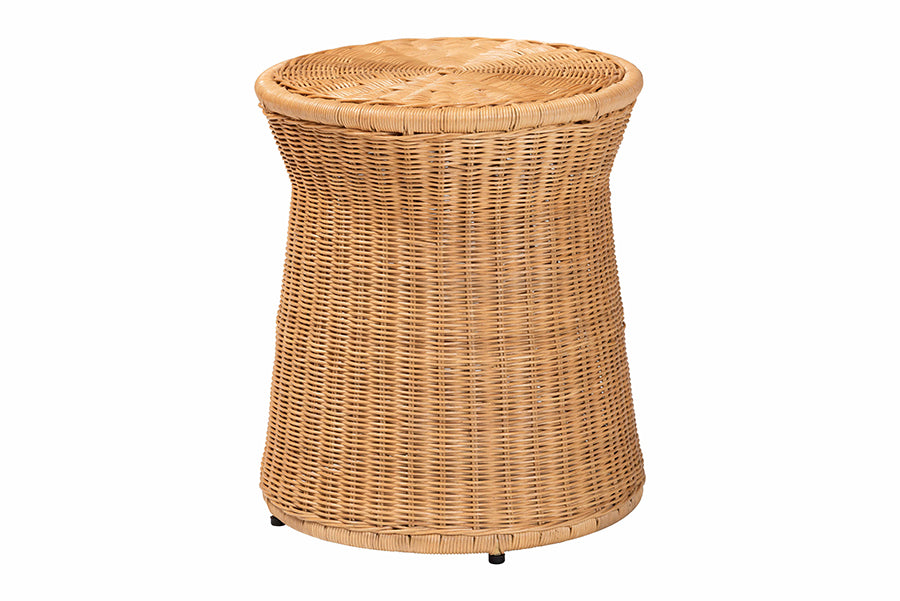 bali & pari Caroline Round Natural Rattan End Table - Handwoven Wicker Drum Shape Accent Table for Living Room or Sunroom, Light Honey FredCo