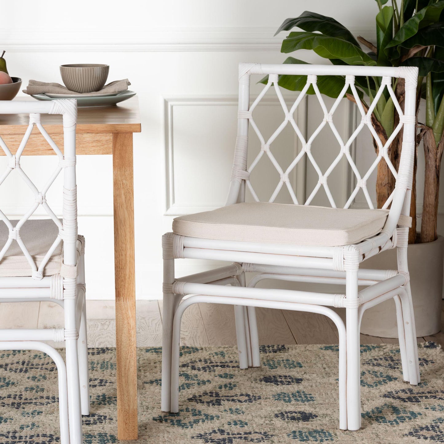 bali & pari Carwyn Bohemian White Rattan Dining Chair FredCo
