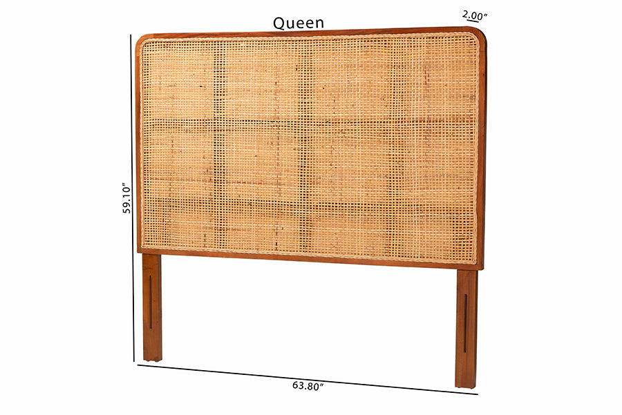 bali & pari Caspia Bohemian Natural Rattan and Mahogany Wood Queen Size Headboard FredCo