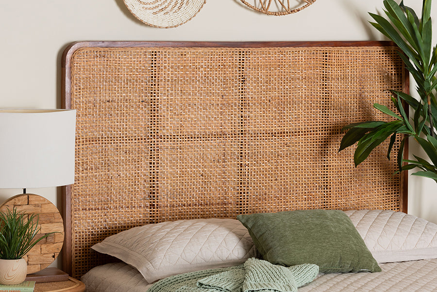 bali & pari Caspia Bohemian Natural Rattan and Mahogany Wood Queen Size Headboard FredCo