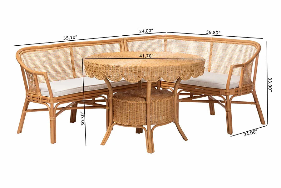 bali & pari Ceona 3-Piece Natural Rattan Dining Nook Set - L-Shaped Banquette Seating with Cushions and Wicker Table with Scallop Edge, Boho Coastal Style Dining FredCo
