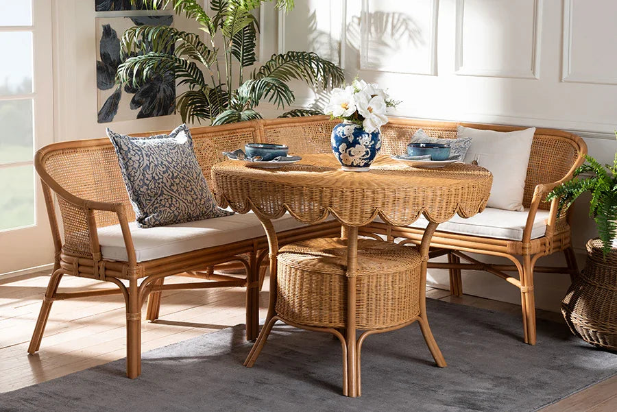 bali & pari Ceona 3-Piece Natural Rattan Dining Nook Set - L-Shaped Banquette Seating with Cushions and Wicker Table with Scallop Edge, Boho Coastal Style Dining FredCo