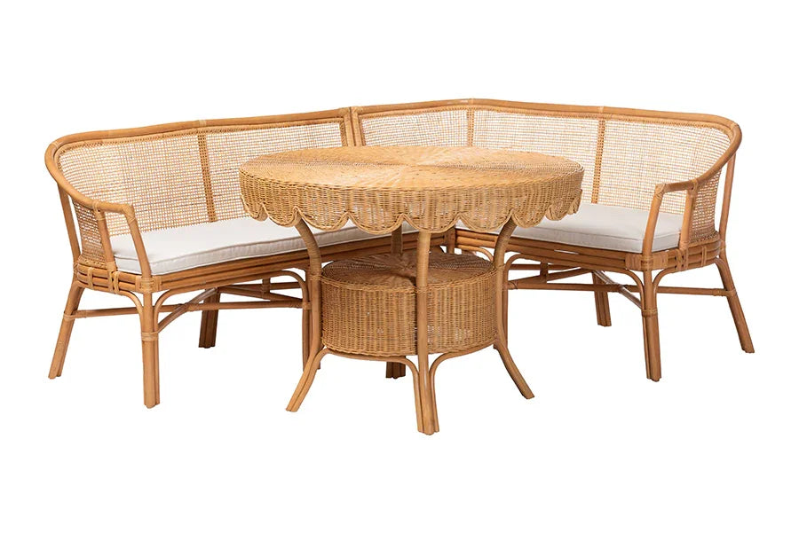 bali & pari Ceona 3-Piece Natural Rattan Dining Nook Set - L-Shaped Banquette Seating with Cushions and Wicker Table with Scallop Edge, Boho Coastal Style Dining FredCo