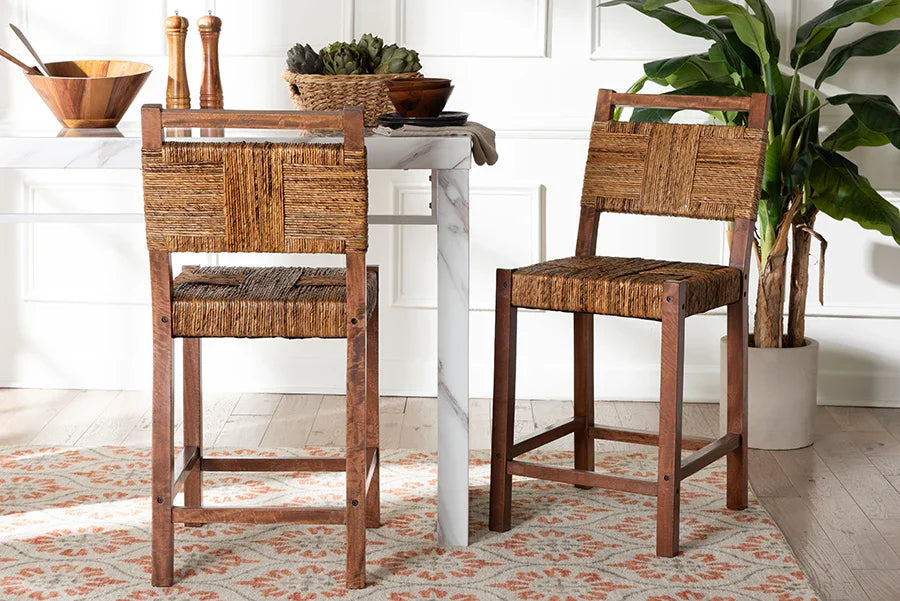 bali & pari Chabela Seagrass Counter Stool Set of 2 - Solid Mango Wood Frame with Woven Seat and Backrest, Rustic Boho Style Dining or Kitchen Island Seating, Brown FredCo