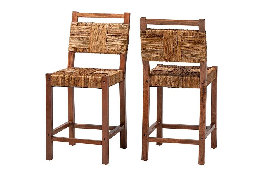 bali & pari Chabela Seagrass Counter Stool Set of 2 - Solid Mango Wood Frame with Woven Seat and Backrest, Rustic Boho Style Dining or Kitchen Island Seating, Brown FredCo