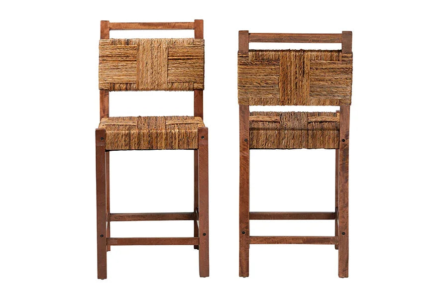 bali & pari Chabela Seagrass Counter Stool Set of 2 - Solid Mango Wood Frame with Woven Seat and Backrest, Rustic Boho Style Dining or Kitchen Island Seating, Brown FredCo