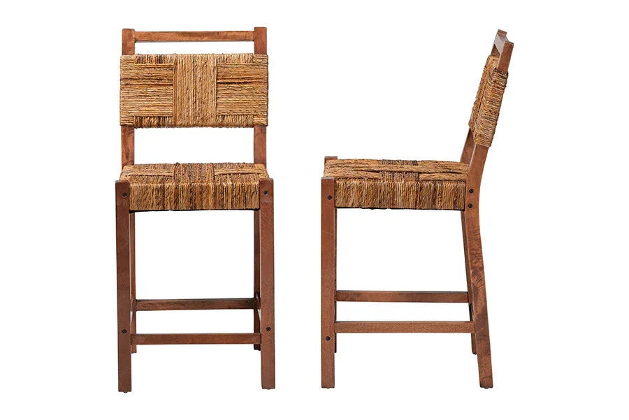 bali & pari Chabela Seagrass Counter Stool Set of 2 - Solid Mango Wood Frame with Woven Seat and Backrest, Rustic Boho Style Dining or Kitchen Island Seating, Brown FredCo