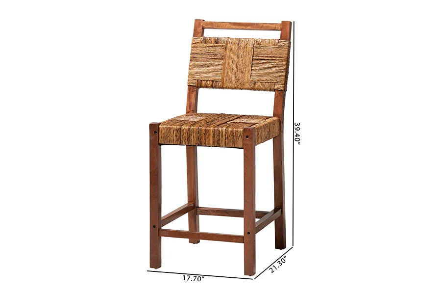 bali & pari Chabela Seagrass Counter Stool Set of 2 - Solid Mango Wood Frame with Woven Seat and Backrest, Rustic Boho Style Dining or Kitchen Island Seating, Brown FredCo