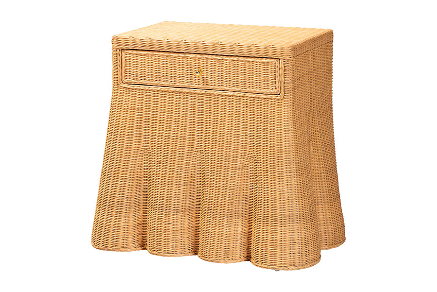 Bali & Pari Chica Scalloped Natural Rattan Console Table with Drawer – Handwoven Coastal Entryway or Living Room Accent FredCo