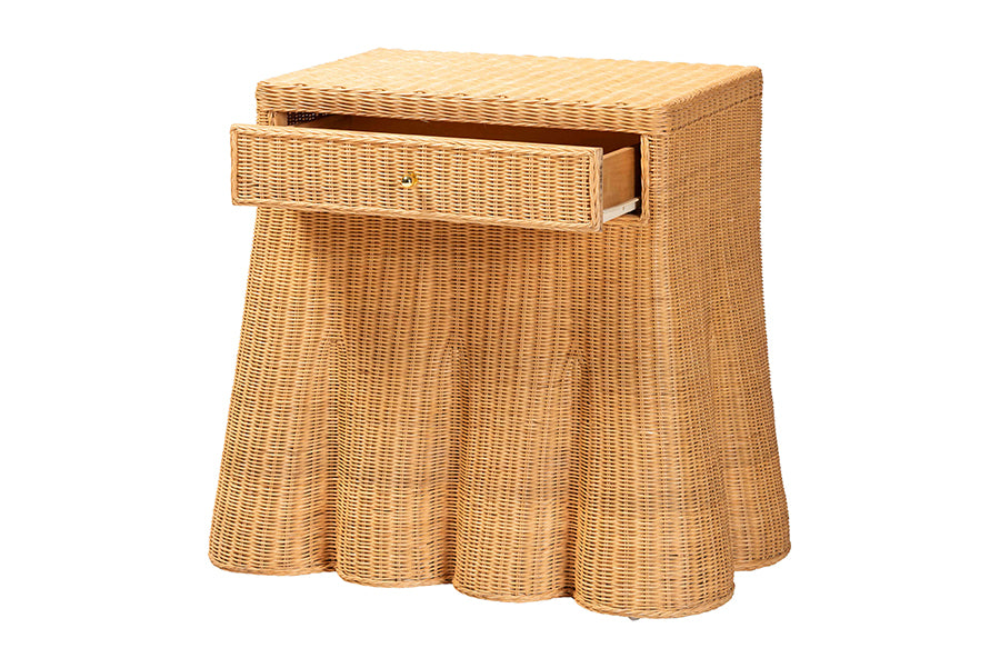 Bali & Pari Chica Scalloped Natural Rattan Console Table with Drawer – Handwoven Coastal Entryway or Living Room Accent FredCo