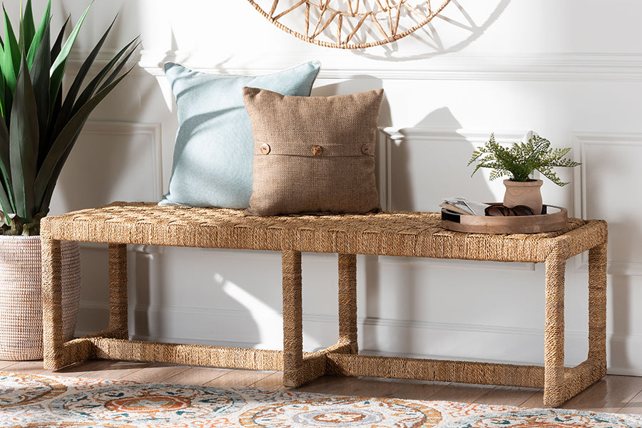 bali & pari Cipally Bohemian Seagrass and Mahogany Wood Accent Bench FredCo