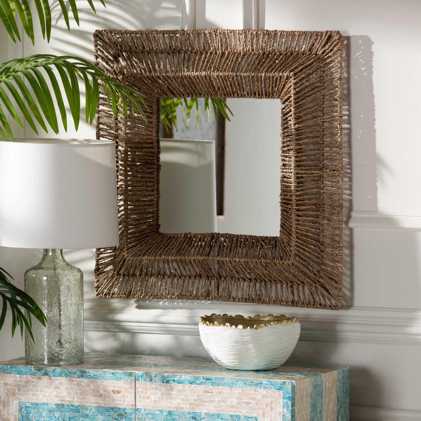 bali & pari Collice Modern Bohemian Metal and Natural Brown Seagrass Accent Wall Mirror FredCo