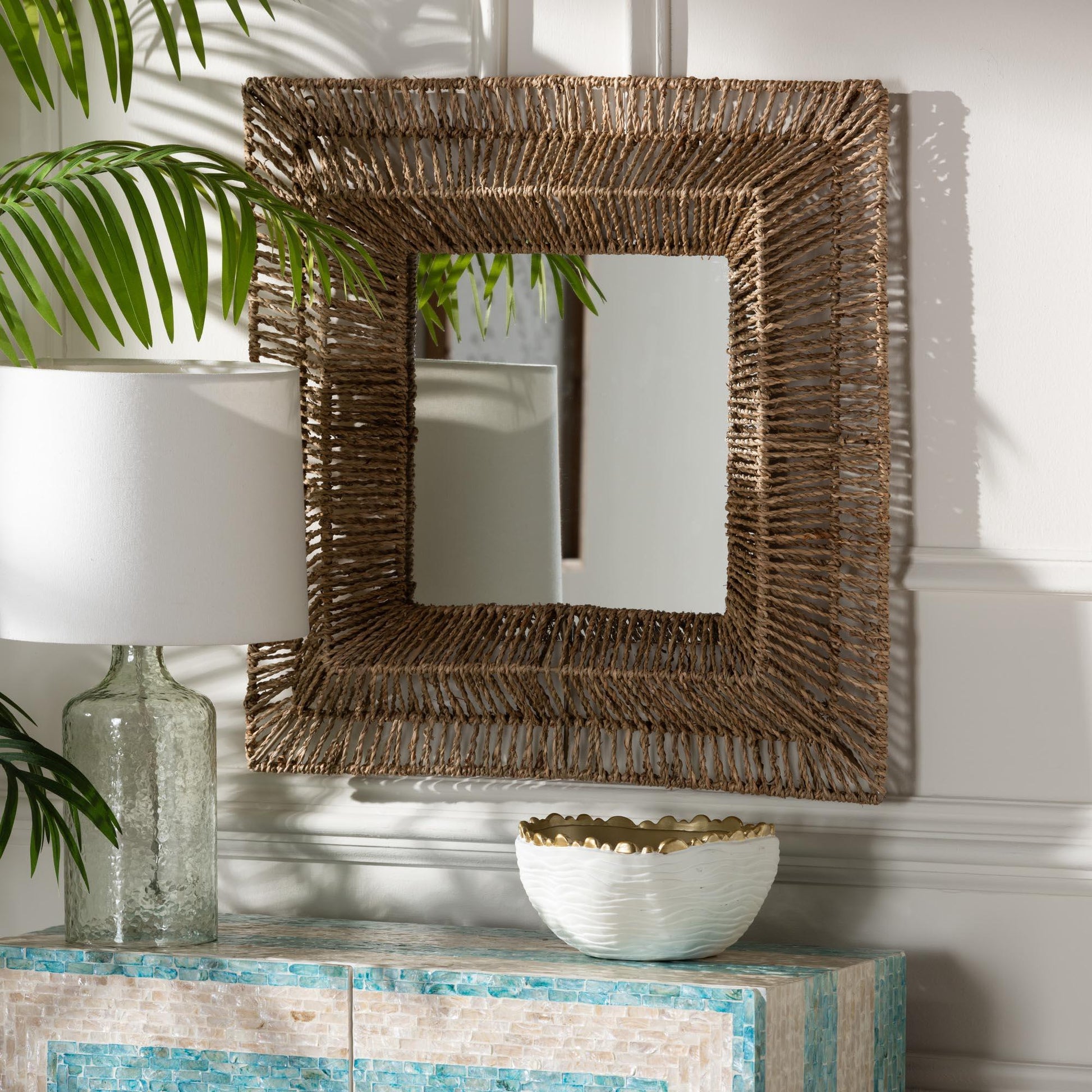 bali & pari Collice Modern Bohemian Metal and Natural Brown Seagrass Accent Wall Mirror FredCo
