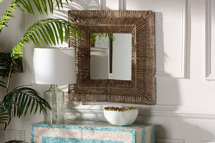 bali & pari Collice Modern Bohemian Metal and Natural Brown Seagrass Accent Wall Mirror FredCo