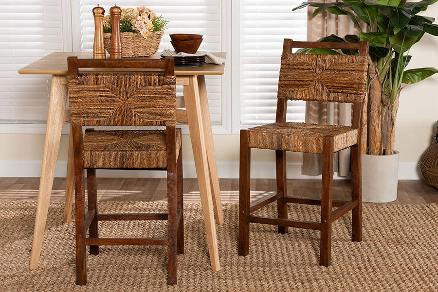 bali & pari Cordoba Bohemian Natural Seagrass and Mahogany Wood 2-Piece Counter Stool Set FredCo