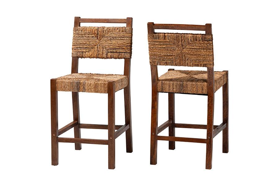 bali & pari Cordoba Bohemian Natural Seagrass and Mahogany Wood 2-Piece Counter Stool Set FredCo