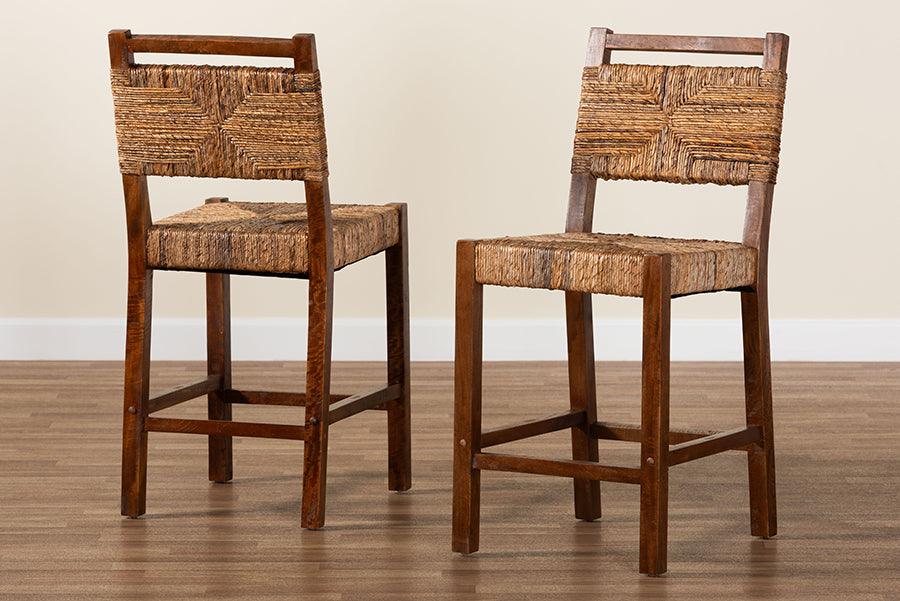 bali & pari Cordoba Bohemian Natural Seagrass and Mahogany Wood 2-Piece Counter Stool Set FredCo