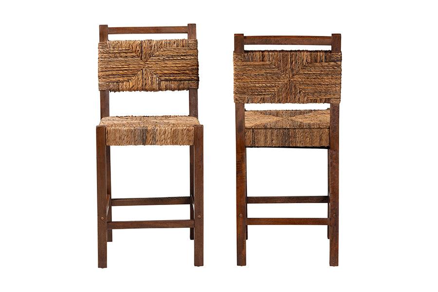 bali & pari Cordoba Bohemian Natural Seagrass and Mahogany Wood 2-Piece Counter Stool Set FredCo