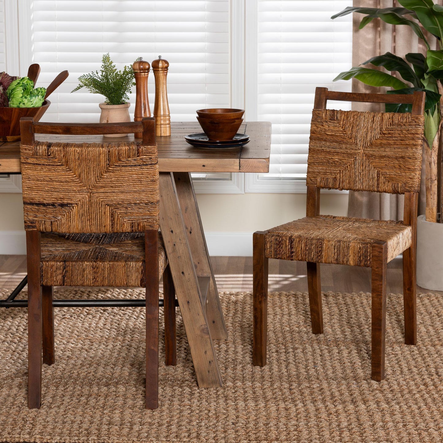 bali & pari Cordoba Bohemian Natural Seagrass and Mahogany Wood 2-Piece Dining Chair FredCo