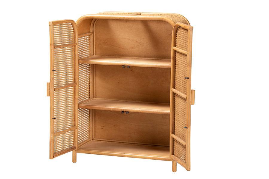 bali & pari Curacao Modern Bohemian Light Honey Rattan 2-Door Storage Cabinet FredCo