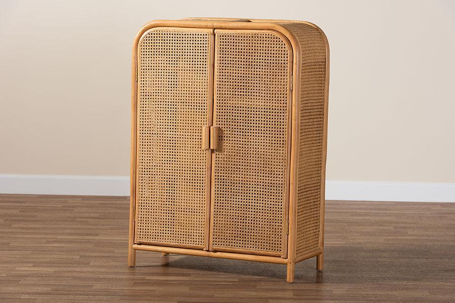 bali & pari Curacao Modern Bohemian Light Honey Rattan 2-Door Storage Cabinet FredCo