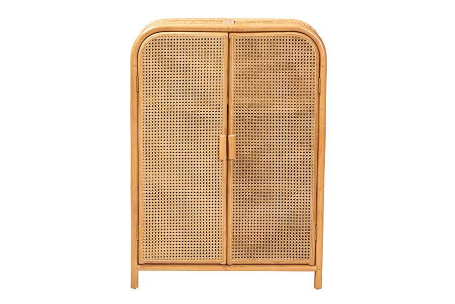 bali & pari Curacao Modern Bohemian Light Honey Rattan 2-Door Storage Cabinet FredCo