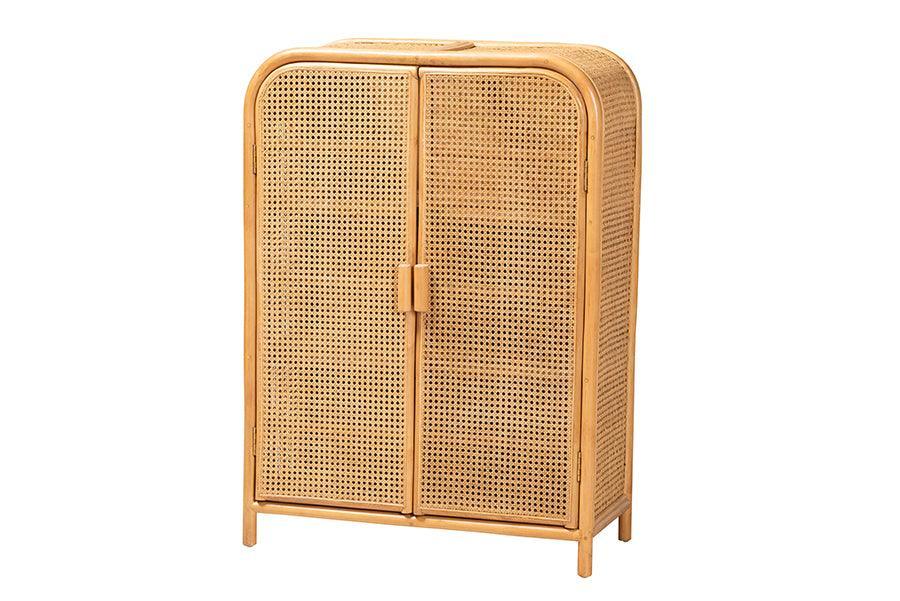 bali & pari Curacao Modern Bohemian Light Honey Rattan 2-Door Storage Cabinet FredCo