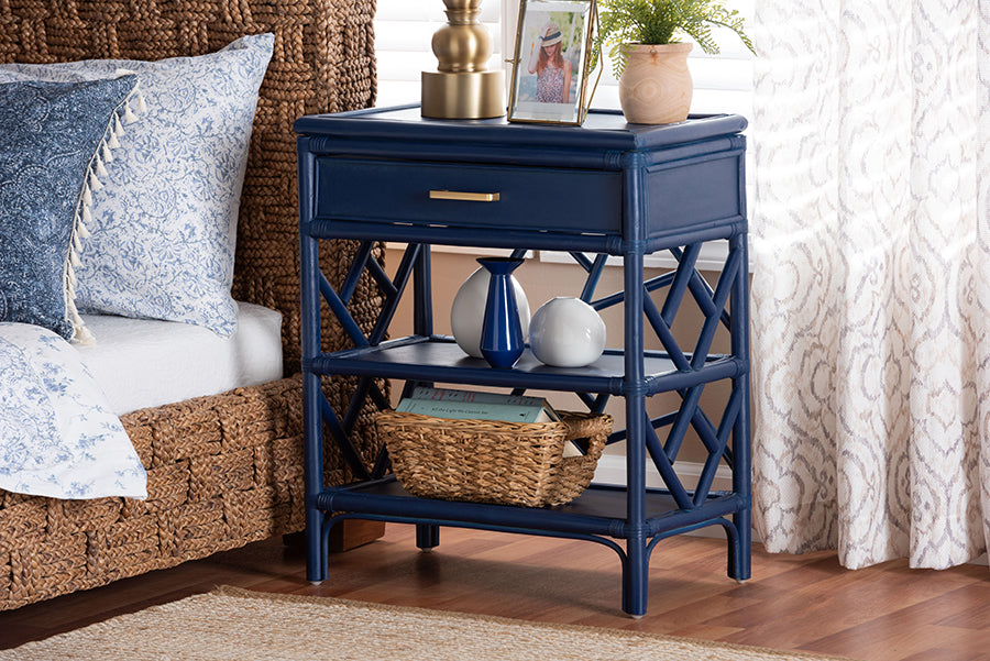 bali & pari Daina Natural Rattan Nightstand with Drawer and Open Shelves- Coastal Bedside Table with Geometric Design, Blue FredCo