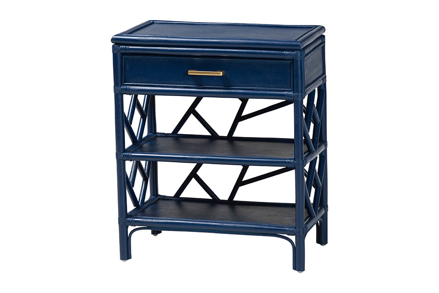 bali & pari Daina Natural Rattan Nightstand with Drawer and Open Shelves- Coastal Bedside Table with Geometric Design, Blue FredCo