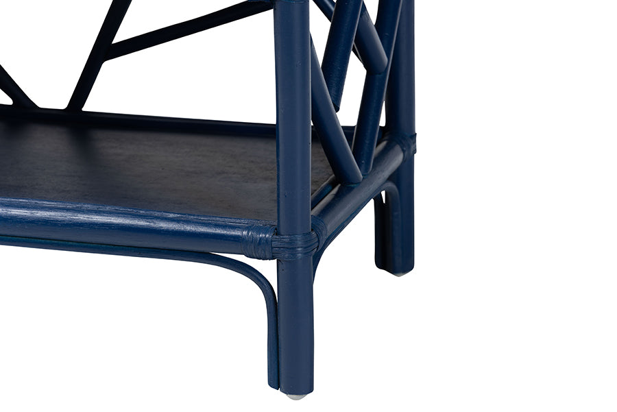 bali & pari Daina Natural Rattan Nightstand with Drawer and Open Shelves- Coastal Bedside Table with Geometric Design, Blue FredCo