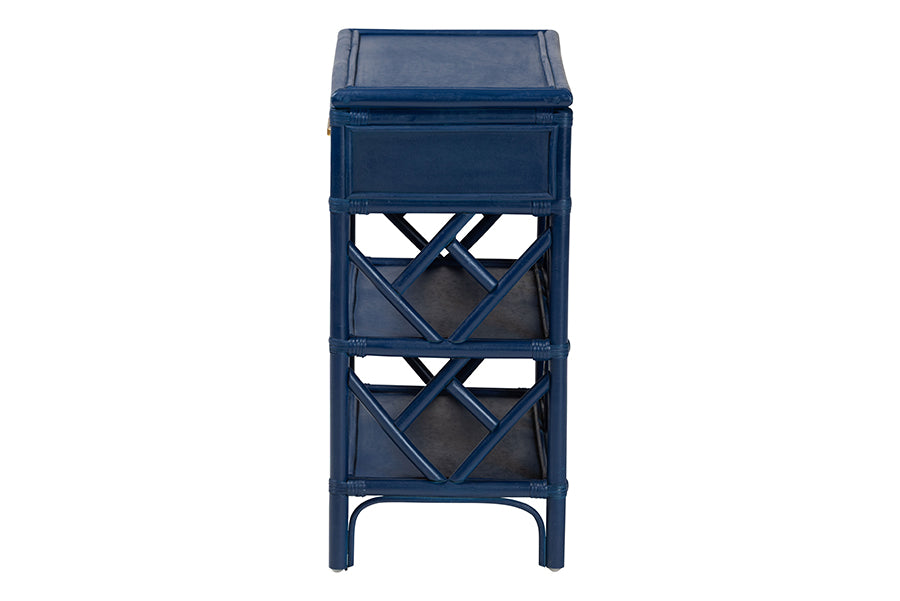 bali & pari Daina Natural Rattan Nightstand with Drawer and Open Shelves- Coastal Bedside Table with Geometric Design, Blue FredCo