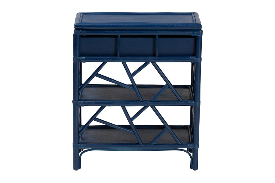 bali & pari Daina Natural Rattan Nightstand with Drawer and Open Shelves- Coastal Bedside Table with Geometric Design, Blue FredCo