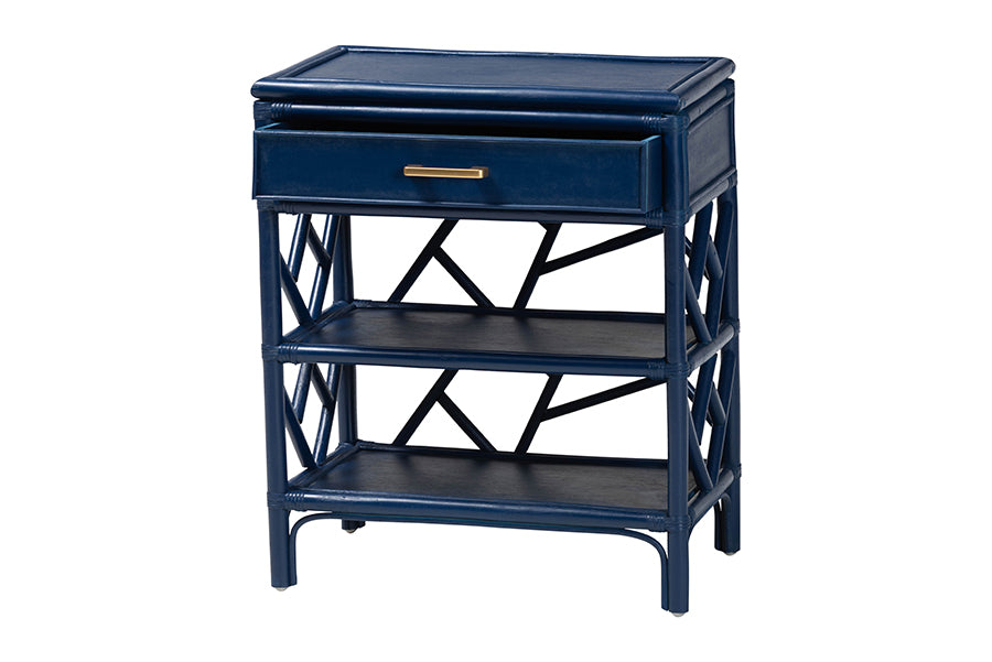 bali & pari Daina Natural Rattan Nightstand with Drawer and Open Shelves- Coastal Bedside Table with Geometric Design, Blue FredCo