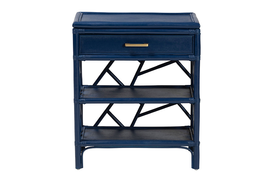 bali & pari Daina Natural Rattan Nightstand with Drawer and Open Shelves- Coastal Bedside Table with Geometric Design, Blue FredCo