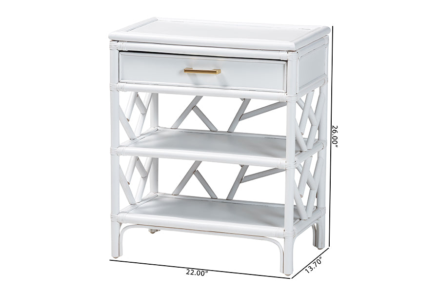 bali & pari Daina Natural Rattan Nightstand with Drawer and Open Shelves- Coastal Bedside Table with Geometric Design, White FredCo