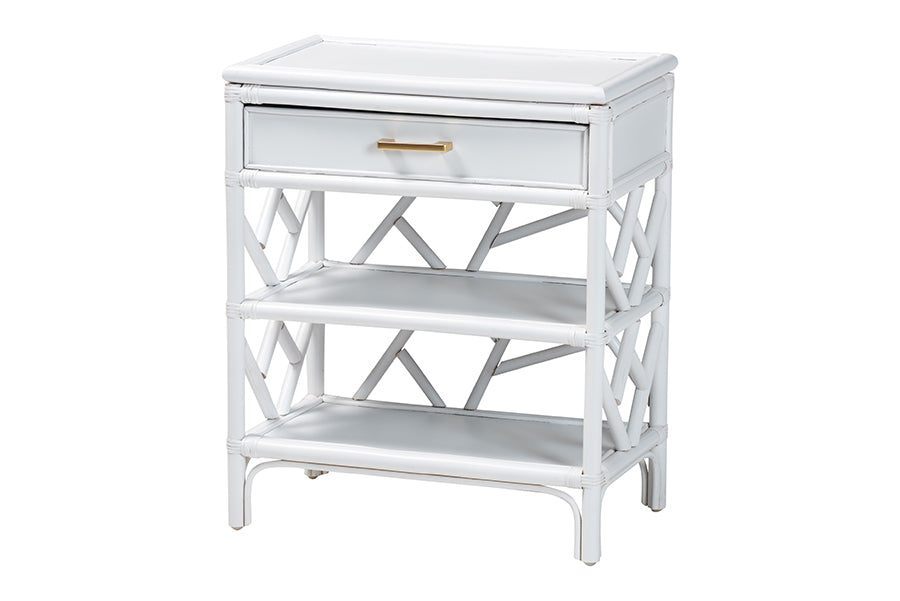 bali & pari Daina Natural Rattan Nightstand with Drawer and Open Shelves- Coastal Bedside Table with Geometric Design, White FredCo