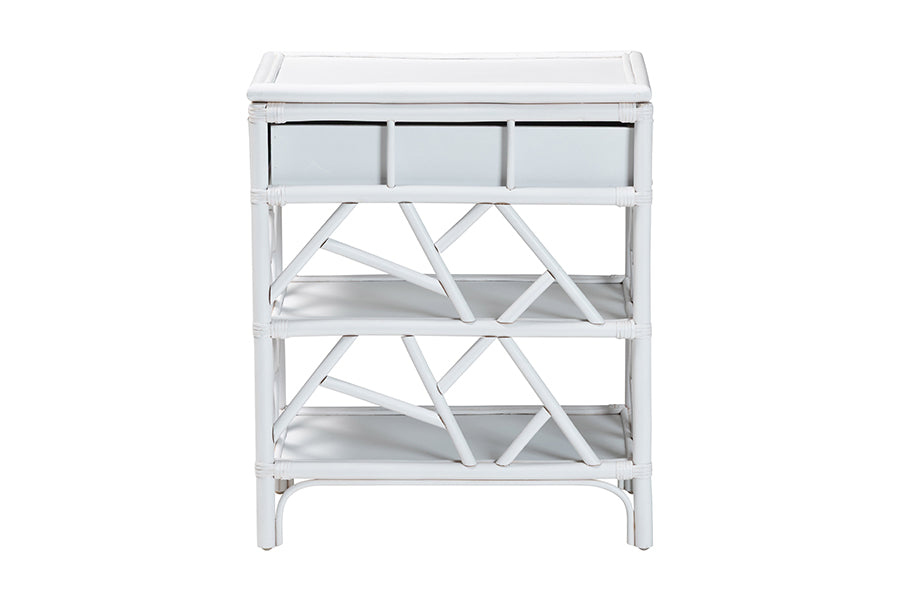 bali & pari Daina Natural Rattan Nightstand with Drawer and Open Shelves- Coastal Bedside Table with Geometric Design, White FredCo