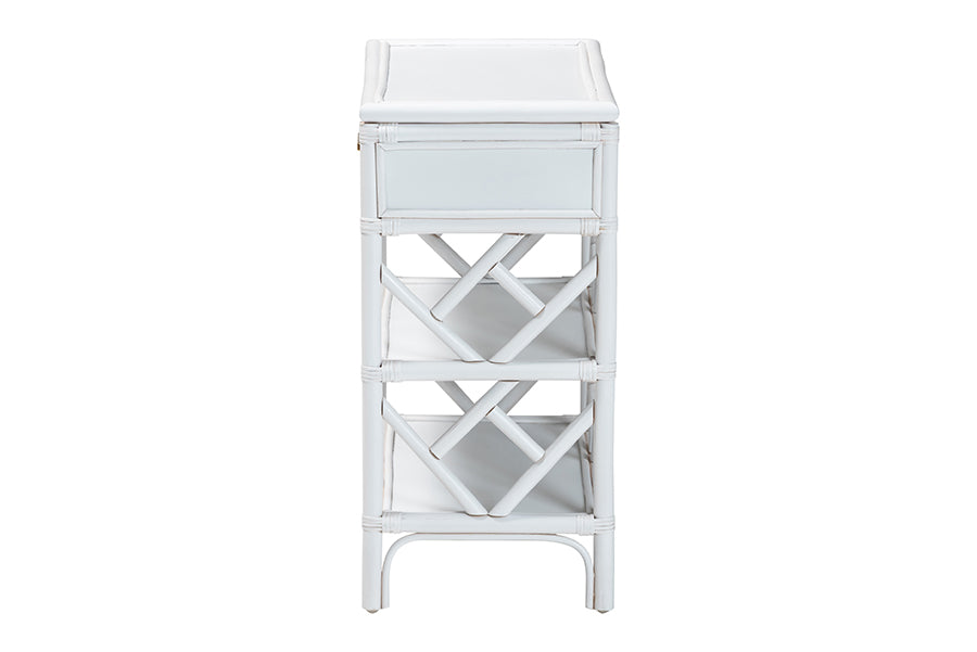 bali & pari Daina Natural Rattan Nightstand with Drawer and Open Shelves- Coastal Bedside Table with Geometric Design, White FredCo